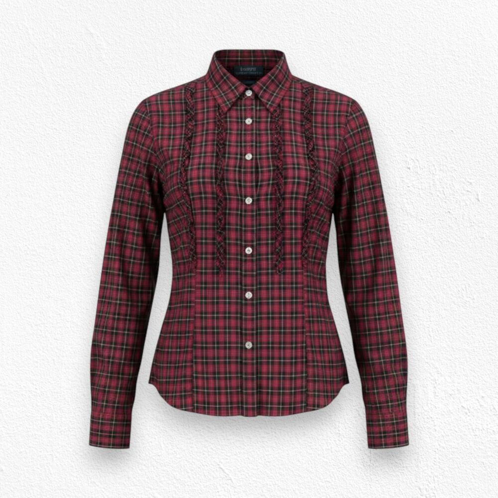 Y2K Lauren Ralph Lauren Brodie Red Plaid Ruffle Button Down Blouse Size Medium